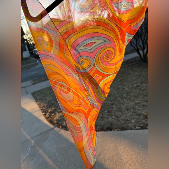Sheer Paisley 1970s Mod Scarf /Ponytail Tie/Wrap Orange/Pink/Blue/Yellow 15”x44” - Picture 8 of 16